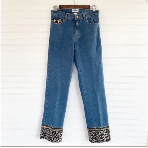 Gabby D Leopard Print Sequin Cuff High Waisted Straight Bootcut Denim Jeans - Picture 1 of 7
